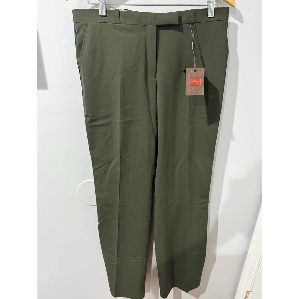 Etro NWT Dress Pants Size 46‎ US Olive Green With Blue & White Stripe On Sides M